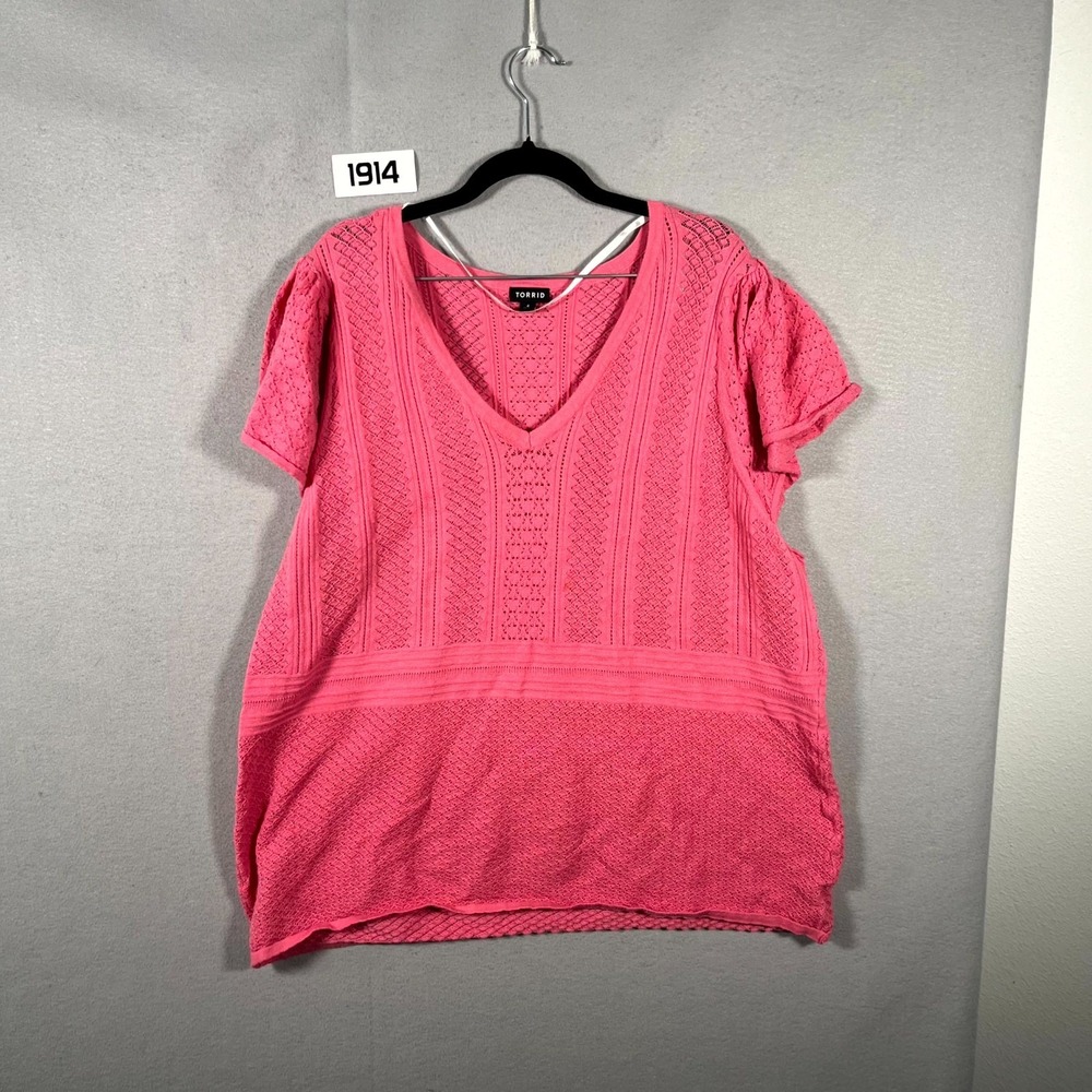 Torrid Sweater Womens 4 Pink Pointelle Knit V Neck Short Sleeve Pullover Outdoor